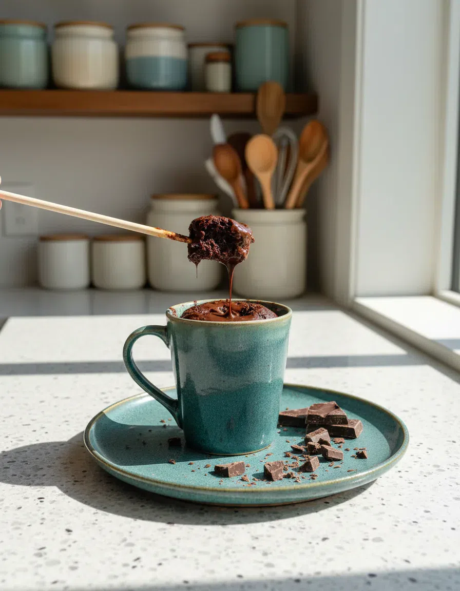 Warm and moist low-calorie chocolate mug cake, ready in one minute