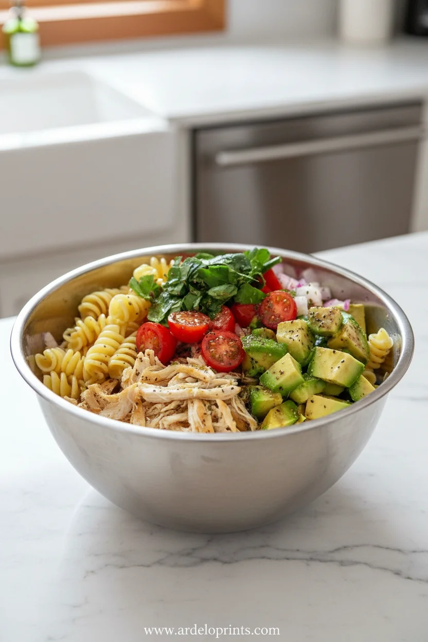 Chicken Pasta Salad With Avocado, Tomato, and Basil - feature image