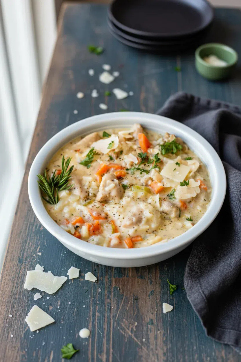 Creamy Chicken and Rice Soup with tender chicken, vegetables, and a rich, creamy broth