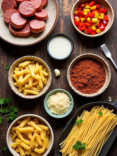 Creamy Spicy Cajun Sausage Pasta - ingredients preparation