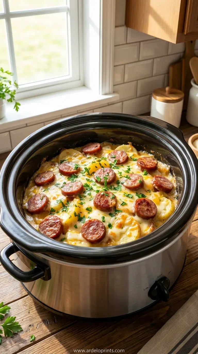 Crockpot Cheesy Potatoes & Beef Sausage Recipe - feature image