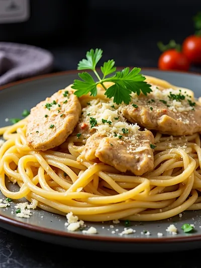 Crockpot Garlic Parmesan Chicken Pasta - cooking process
