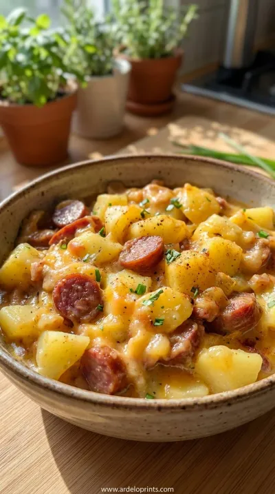 Crockpot Cheesy Potatoes & Beef Sausage Recipe - ready to serve