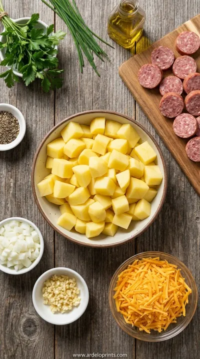 Crockpot Cheesy Potatoes & Beef Sausage Recipe - ingredients preparation