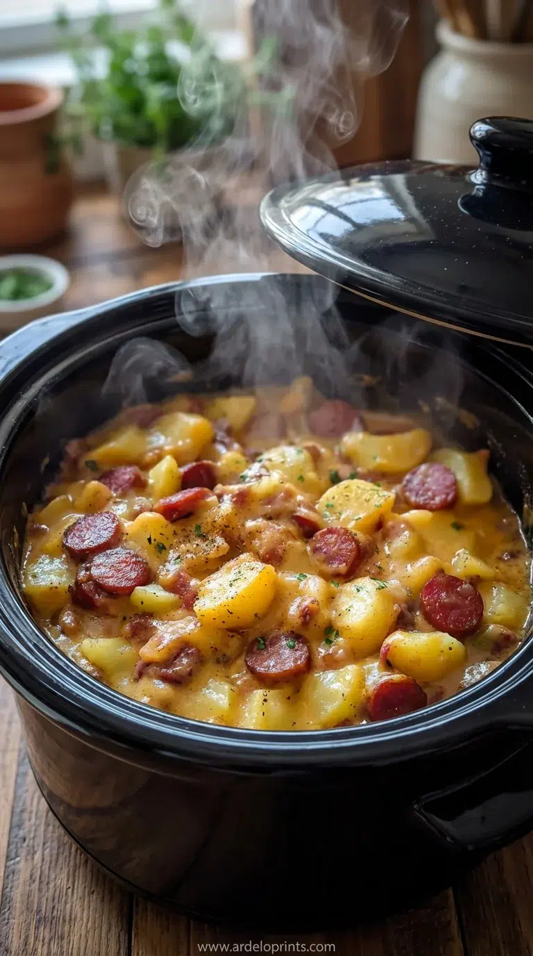 Crockpot Cheesy Potatoes & Beef Sausage Recipe - cooking process
