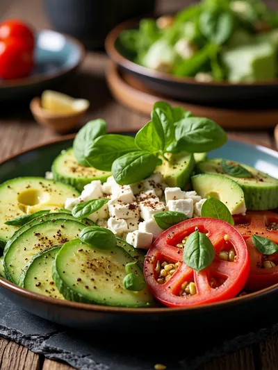 Cucumber Tomato Avocado Salad With Feta - ready to serve