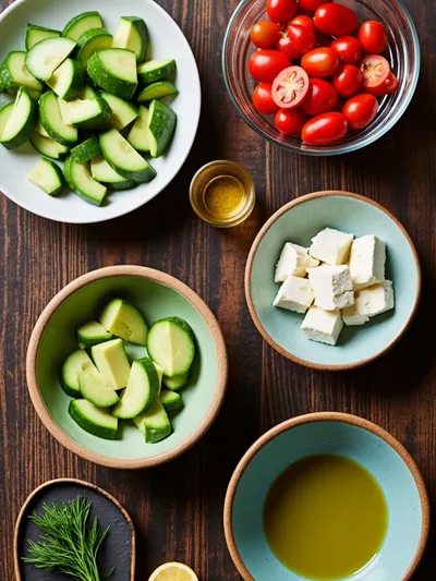Cucumber Tomato Avocado Salad With Feta - ingredients preparation