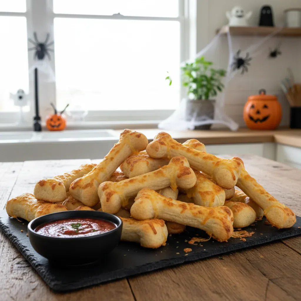 Spooky and Cheesy Halloween Breadstick Bones, shaped like bones, served with a red dipping sauce