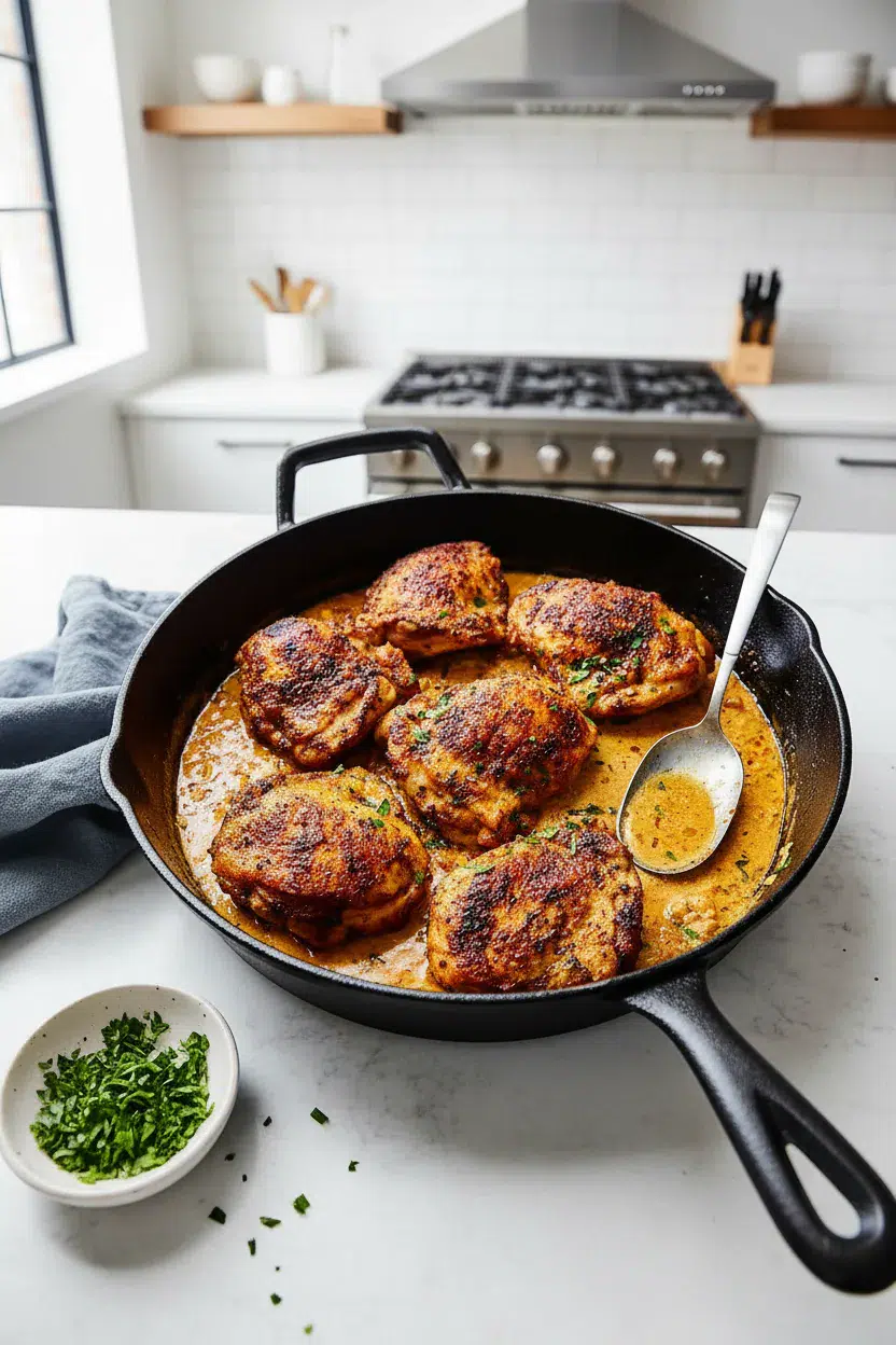 Easy Skillet Chicken Thighs with Creamy Garlic Sauce