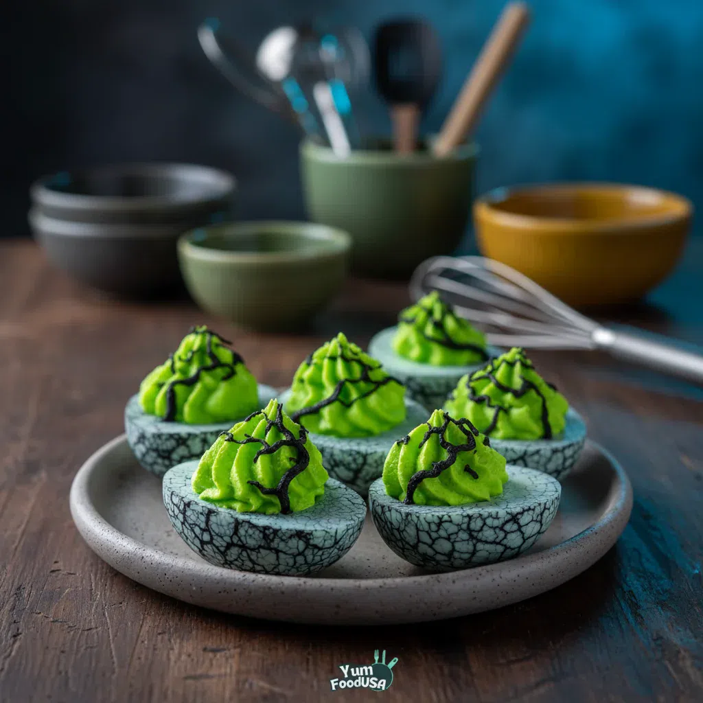 Eerie Halloween Deviled Eggs with vibrant green filling and a spooky cracked shell design