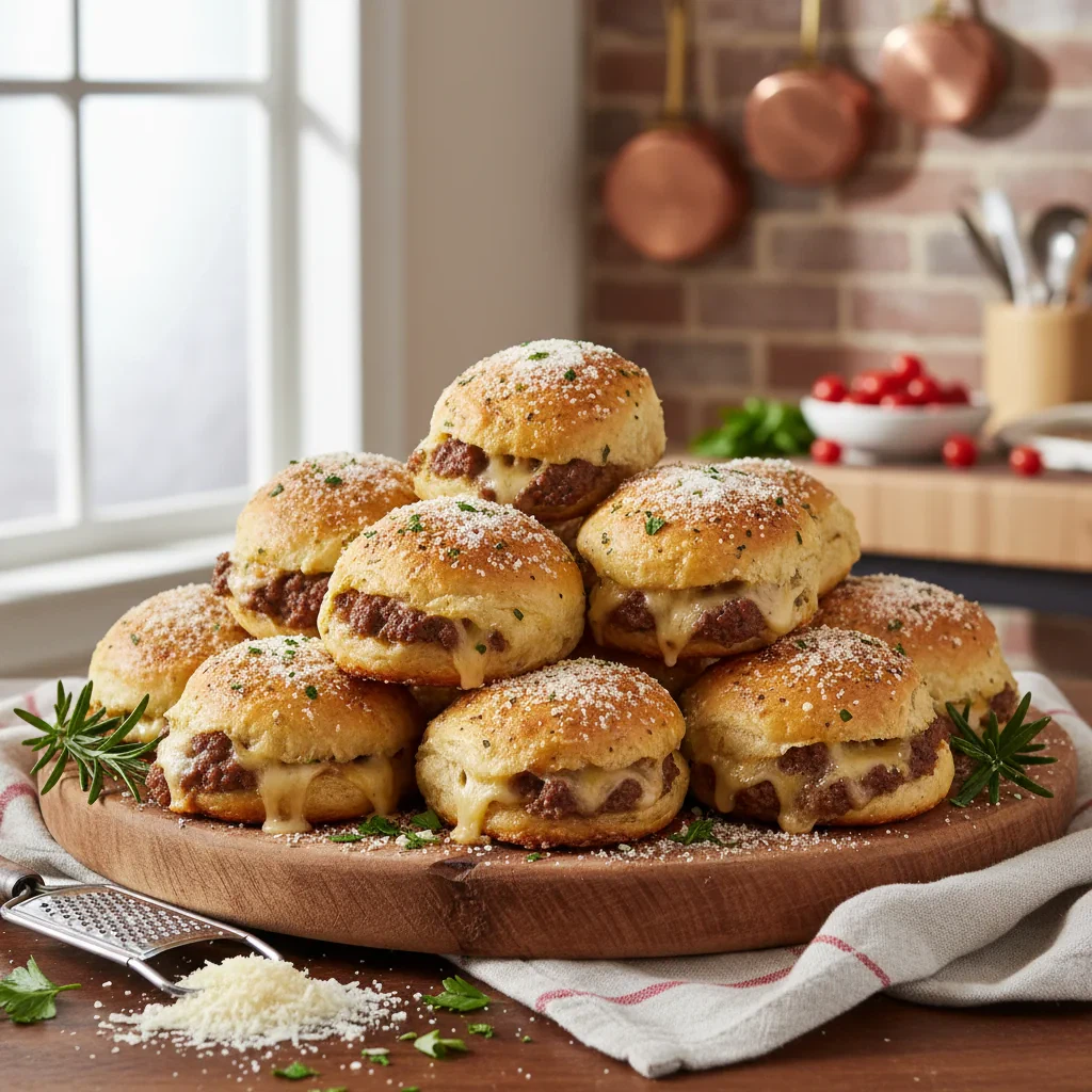 Garlic Parmesan Cheeseburger Bombs with melty cheese and a golden crust