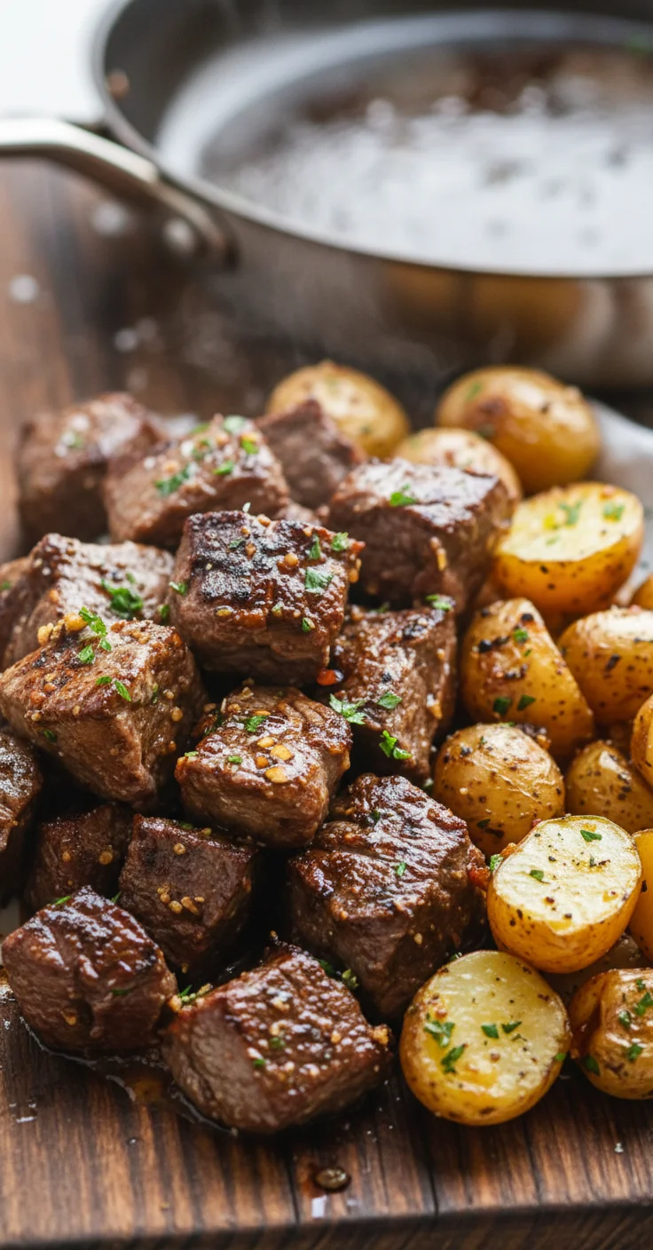 Garlic Steak Bites and Potatoes Recipe - feature image