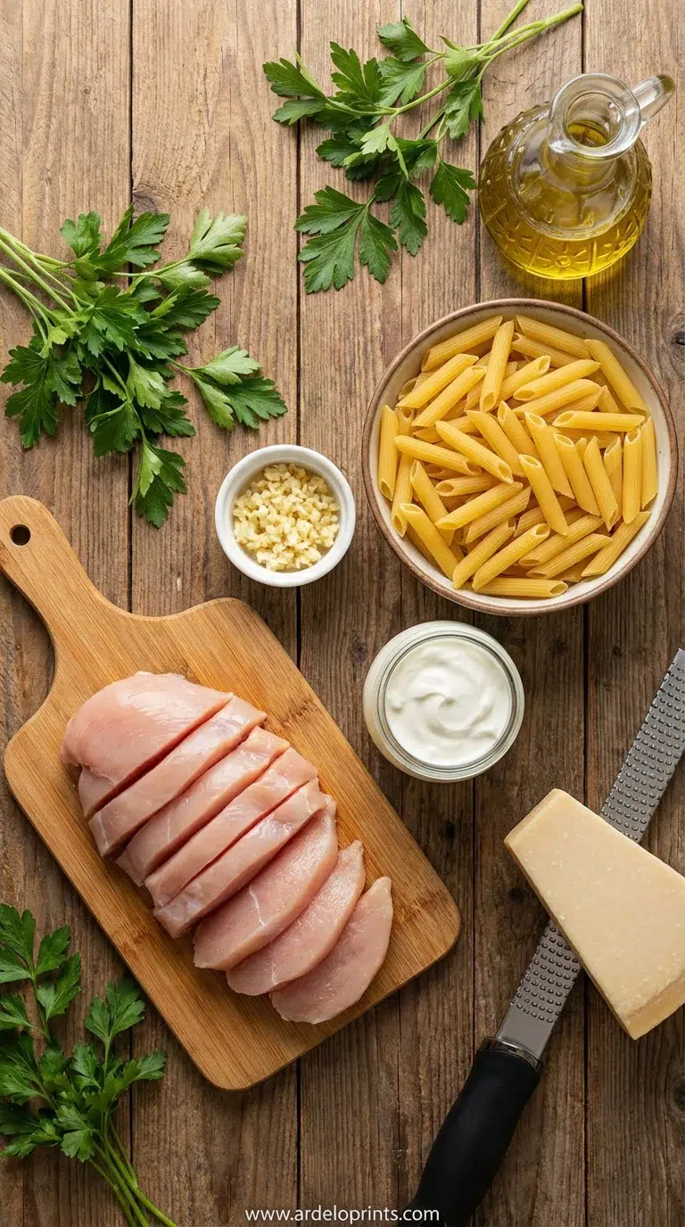 Garlic Parmesan Chicken Pasta: Easy & Healthy - ingredients preparation