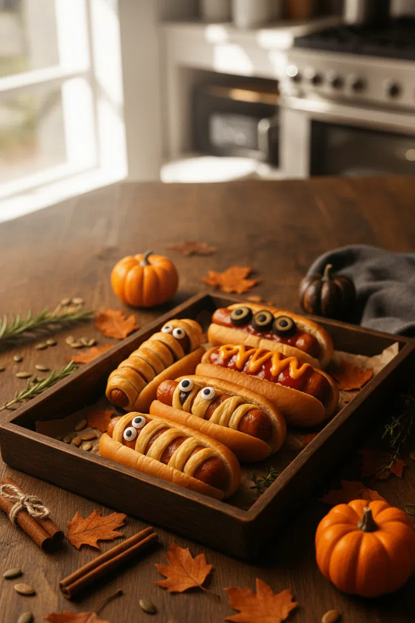 Spooky Halloween Air Fryer Hot Dogs shaped like mummies and spiders, served on a platter.