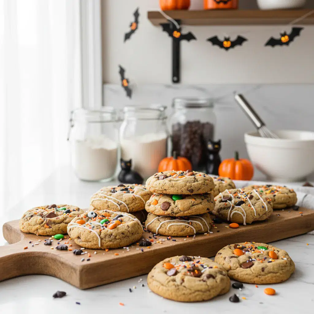 Spooky and fun Halloween Chocolate Chip Cookies with candy eyes and colorful sprinkles