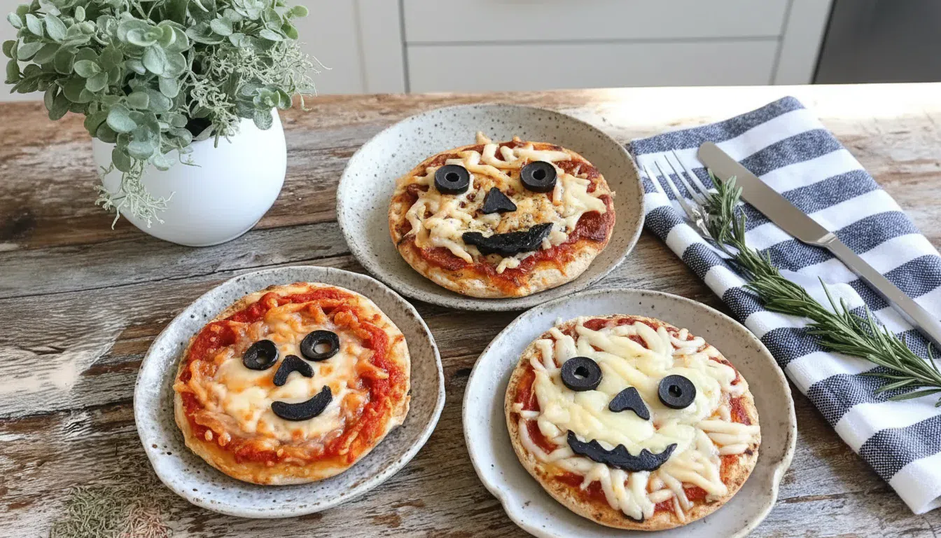Halloween Mini Pizzas with spooky olive spiders and mozzarella mummies on a snack board