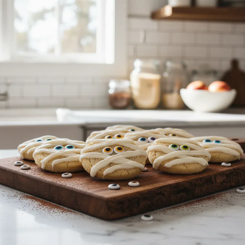 Cute and spooky Halloween Mummy Cookies with chocolate base and vanilla buttercream, adorned with candy eyes.