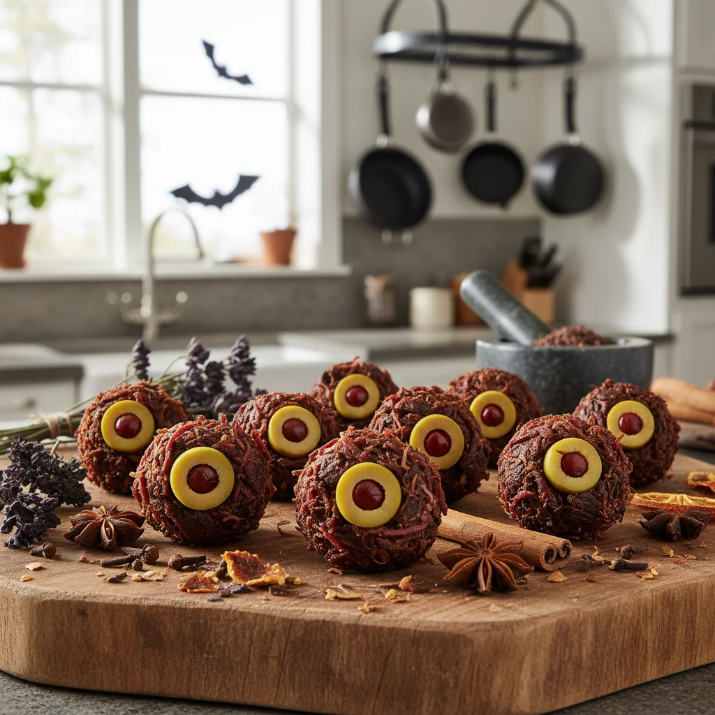 Jerked Beef Halloween Snack Eyeballs Recipe - feature image