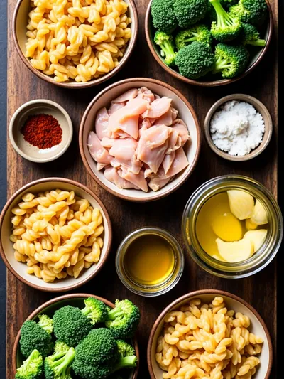 High Protein Rotisserie Chicken Broccoli Pasta - ingredients preparation