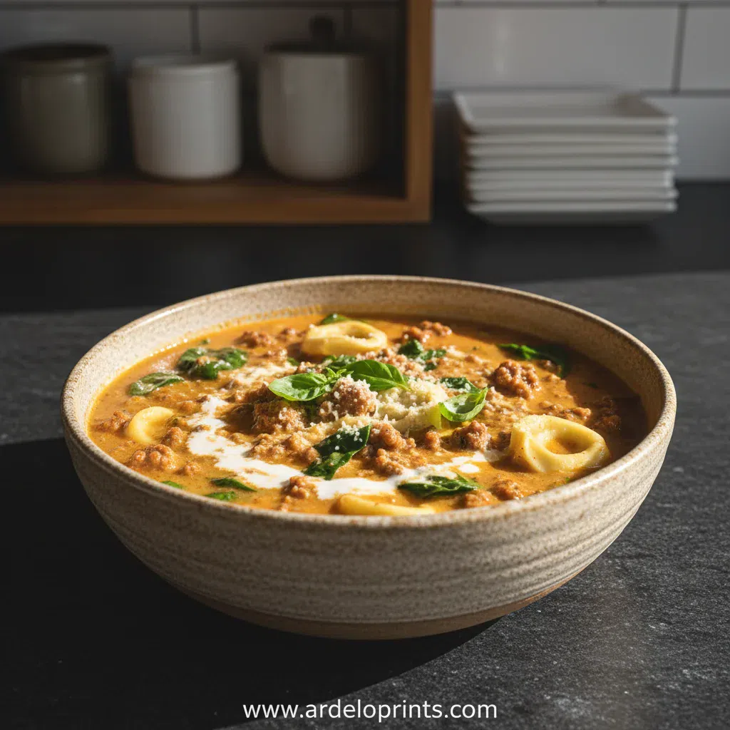A bowl of creamy crockpot beef sausage and tortellini soup