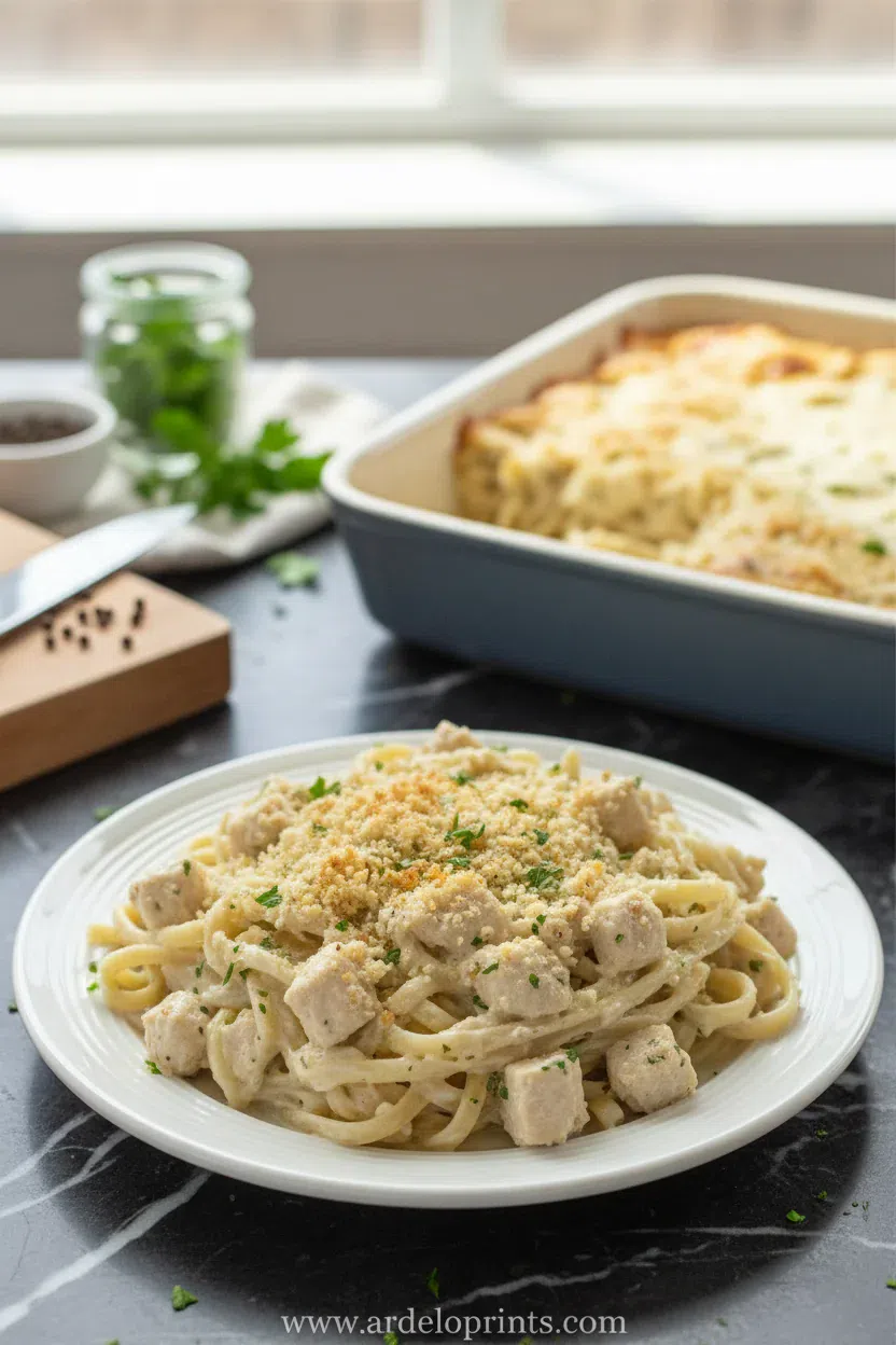 A beautiful casserole dish of the best chicken tetrazzini, golden brown and bubbly