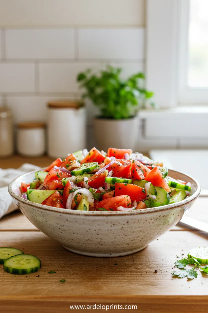 A fresh and vibrant tomato cucumber salad in a serving bowl.