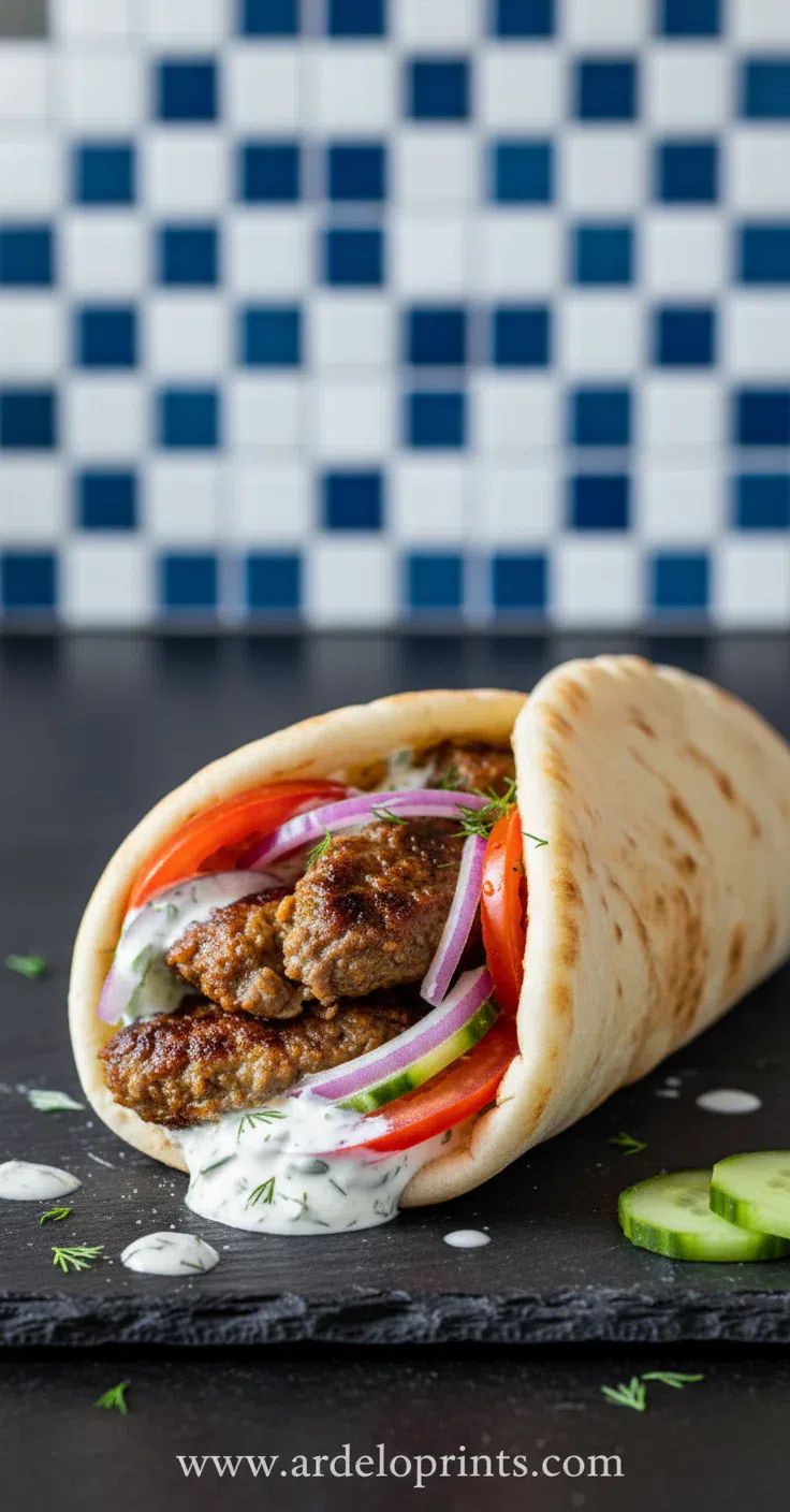 A homemade gyro wrapped in pita bread with fresh tomatoes, onions, and tzatziki sauce.