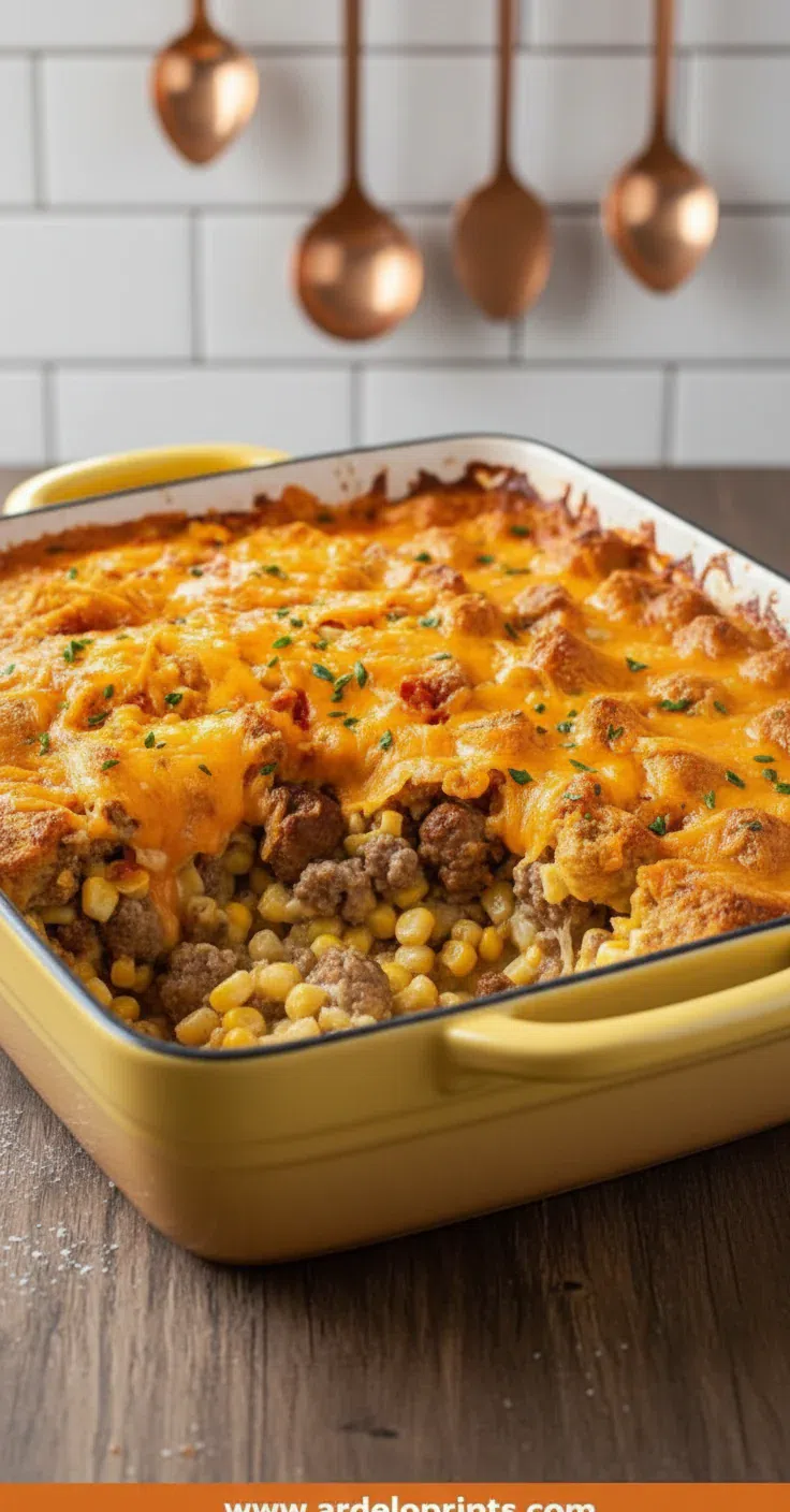 Creamy Cheesy Broccoli and Rice Casserole in a white baking dish.