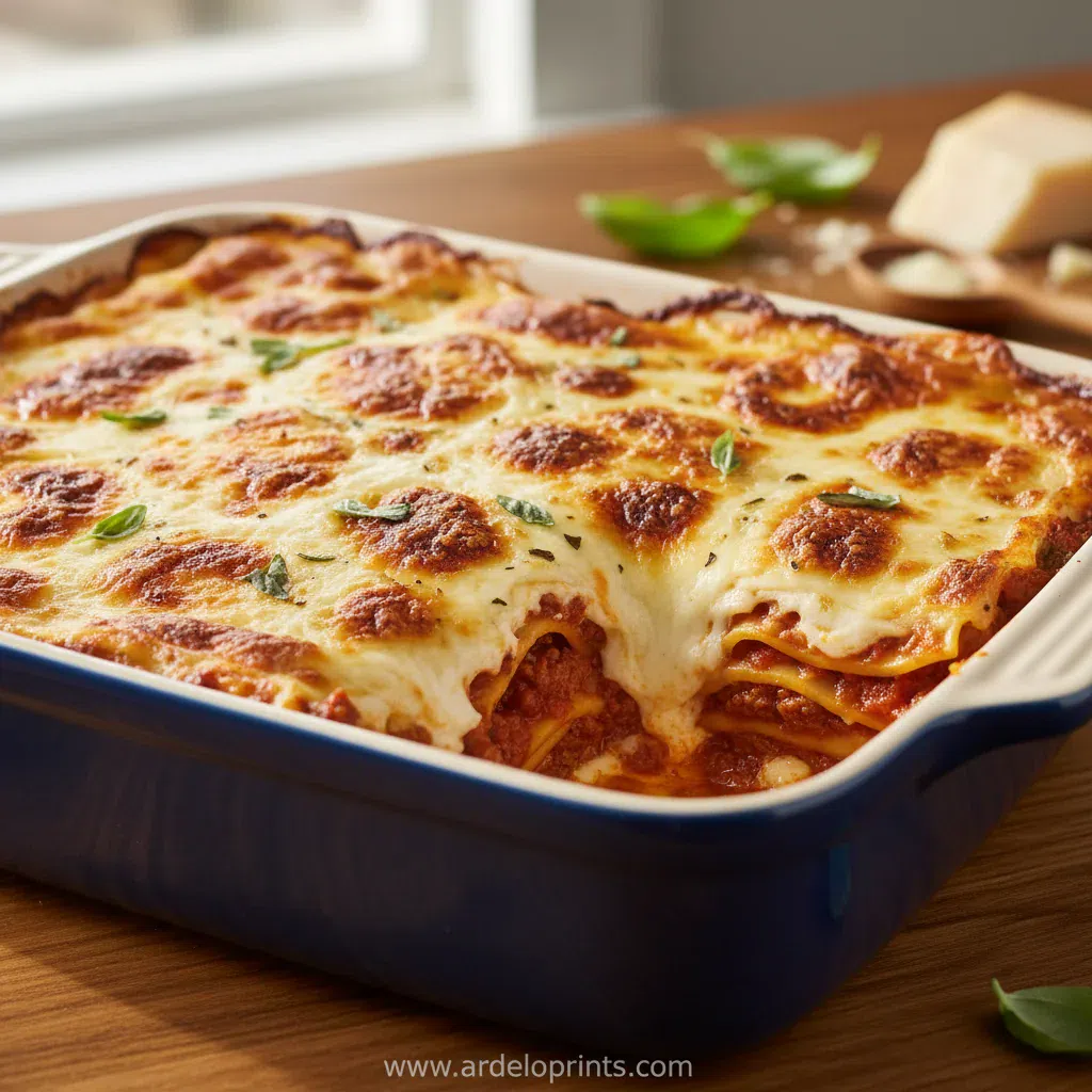 A close-up of the golden, bubbly Crowd-Pleasing Cheesy Beef & Pasta Bake in a casserole dish.