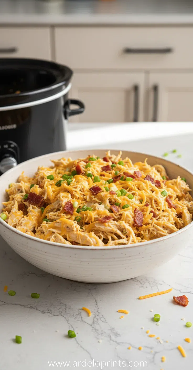 A warm serving of slow cooker crack chicken in a white bowl.