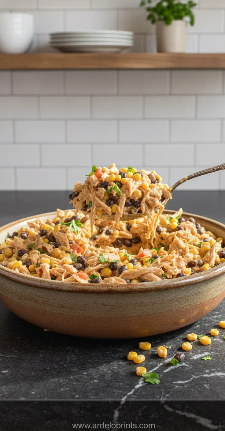 Crock Pot Fiesta Chicken shredded in a slow cooker with corn and beans