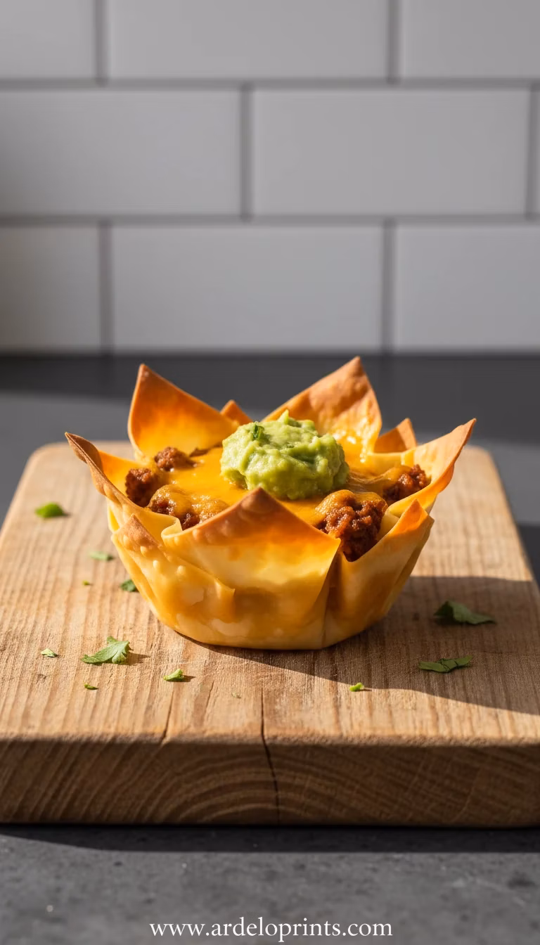 Easy Taco Cups with seasoned ground beef and melted cheddar cheese in a crispy wonton wrapper.