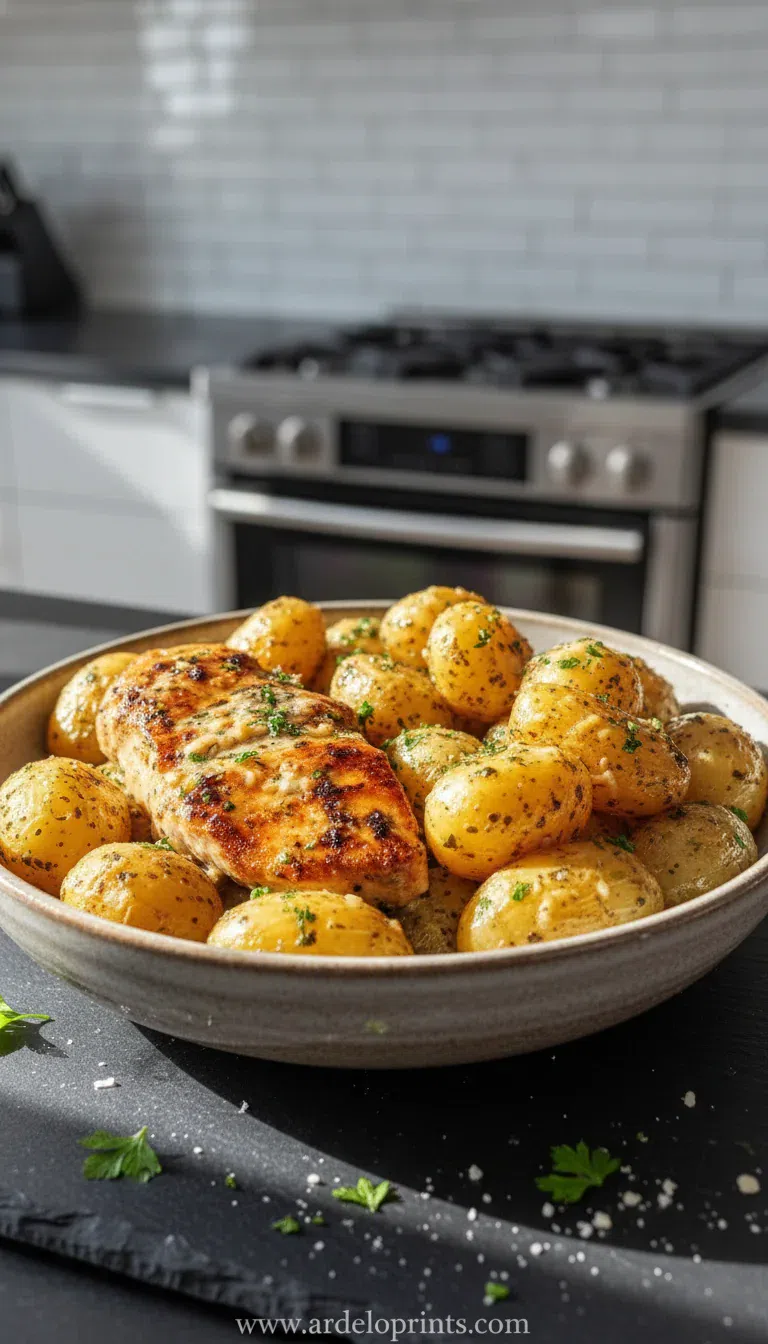 Garlic parmesan crockpot chicken and potatoes served in a white bowl.