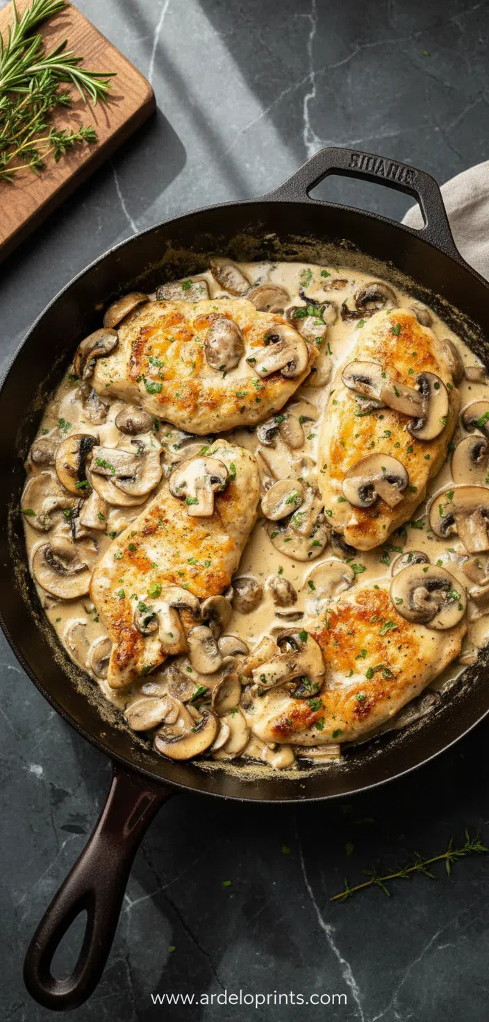 A comforting plate of creamy mushroom chicken over mashed potatoes