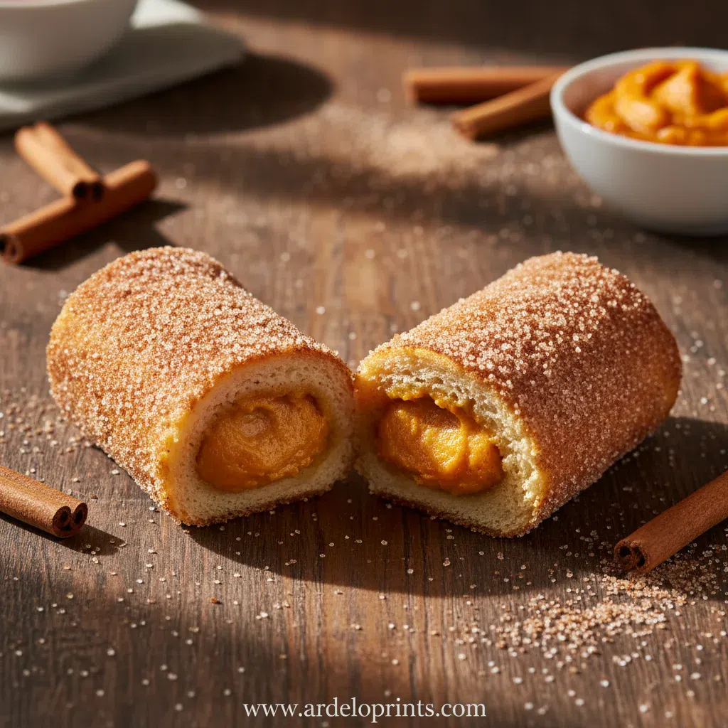 A plate of golden brown Pumpkin French Toast Roll Ups coated in cinnamon sugar.