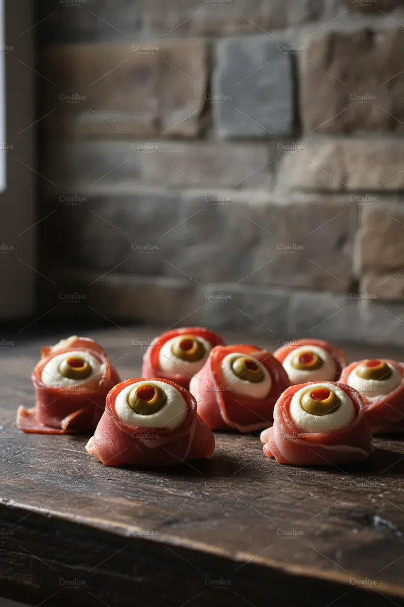 Spooky Halloween Snack Eyeballs with Jerked Beef, Cream Cheese, and Olives