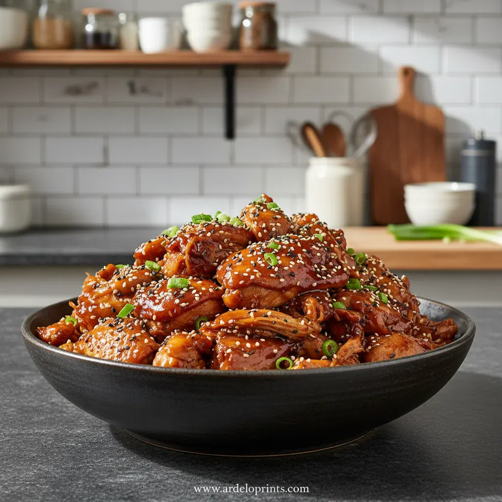 Tender crock pot chicken with a savory Asian-inspired sauce served over rice.
