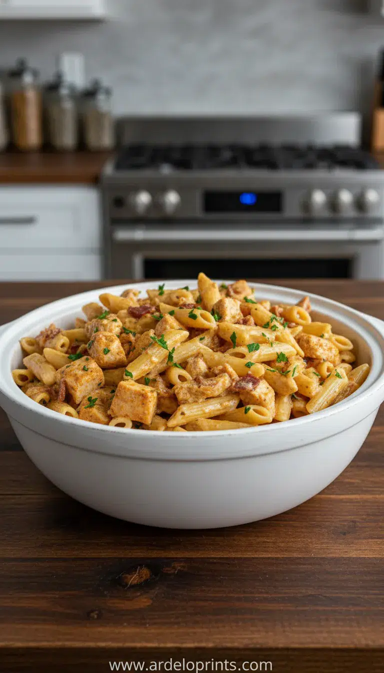A bowl of crock pot creamy cajun chicken pasta, ready to eat.