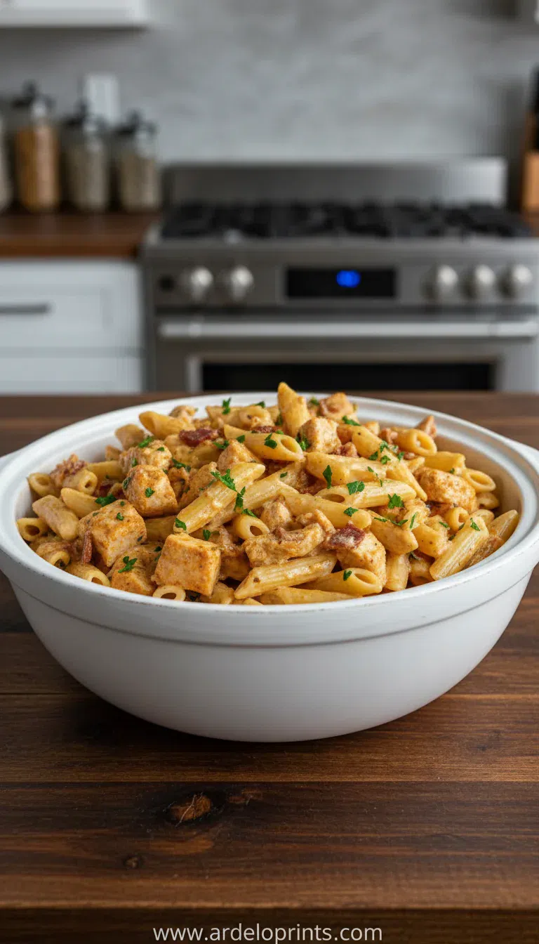A bowl of crock pot creamy cajun chicken pasta, ready to eat.
