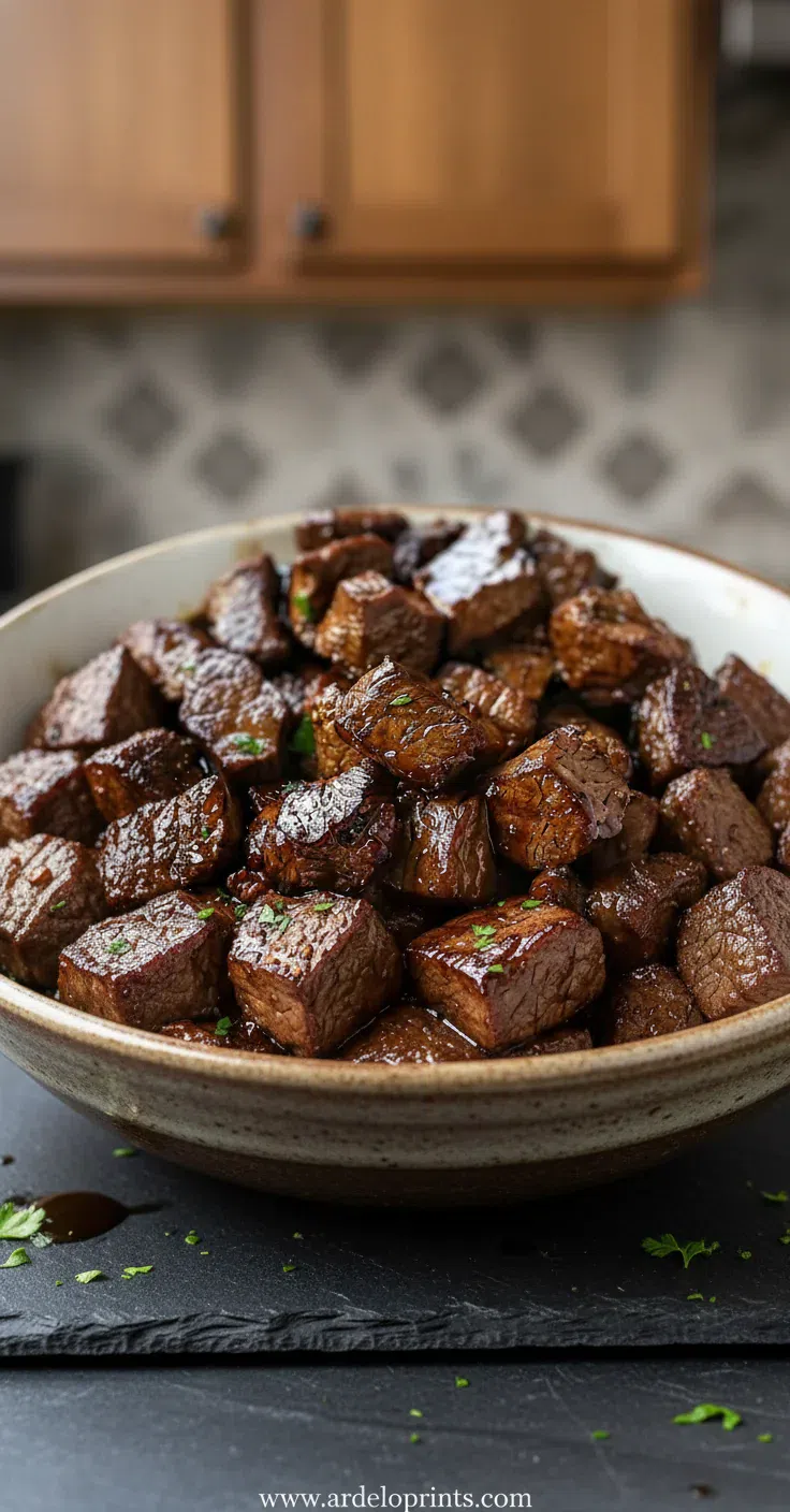 Crockpot steak bites in a savory sauce with fresh parsley garnish.