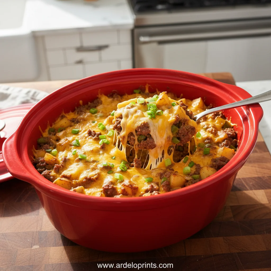 Crockpot Cheesesteak Potato Casserole - feature image