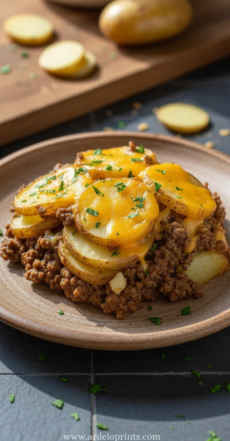 A warm bowl of slow cooker cowboy potato casserole with melted cheese.