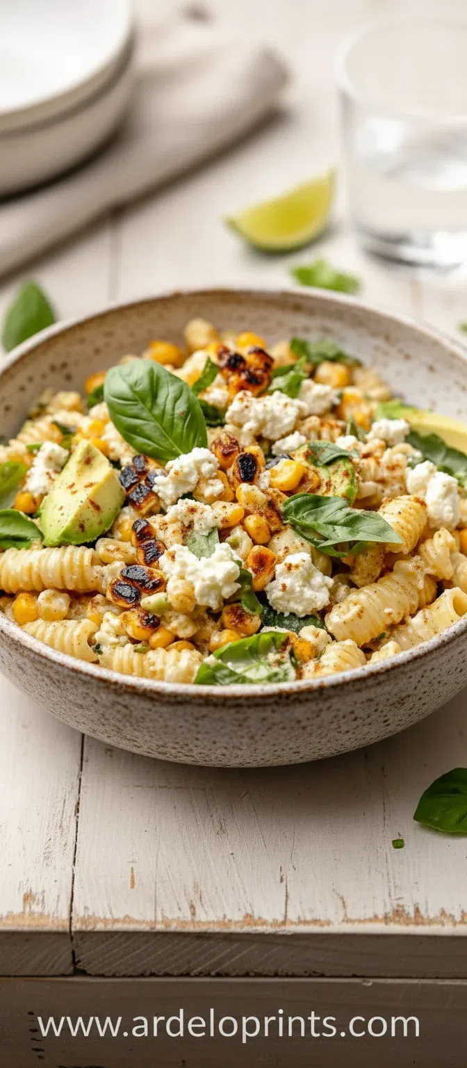 Creamy Street Corn Pasta Salad in a white serving bowl.