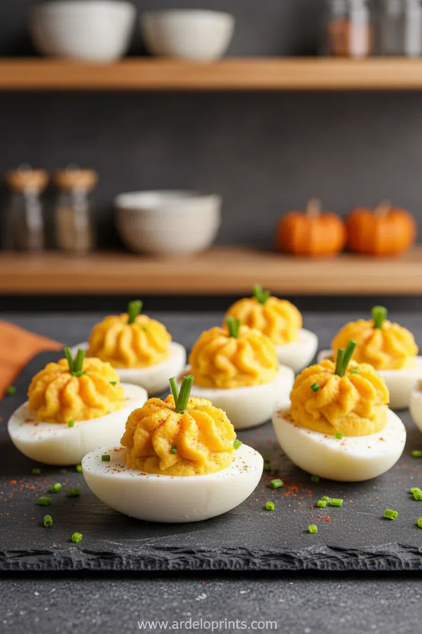 A festive platter of pumpkin patch deviled eggs garnished with chives.