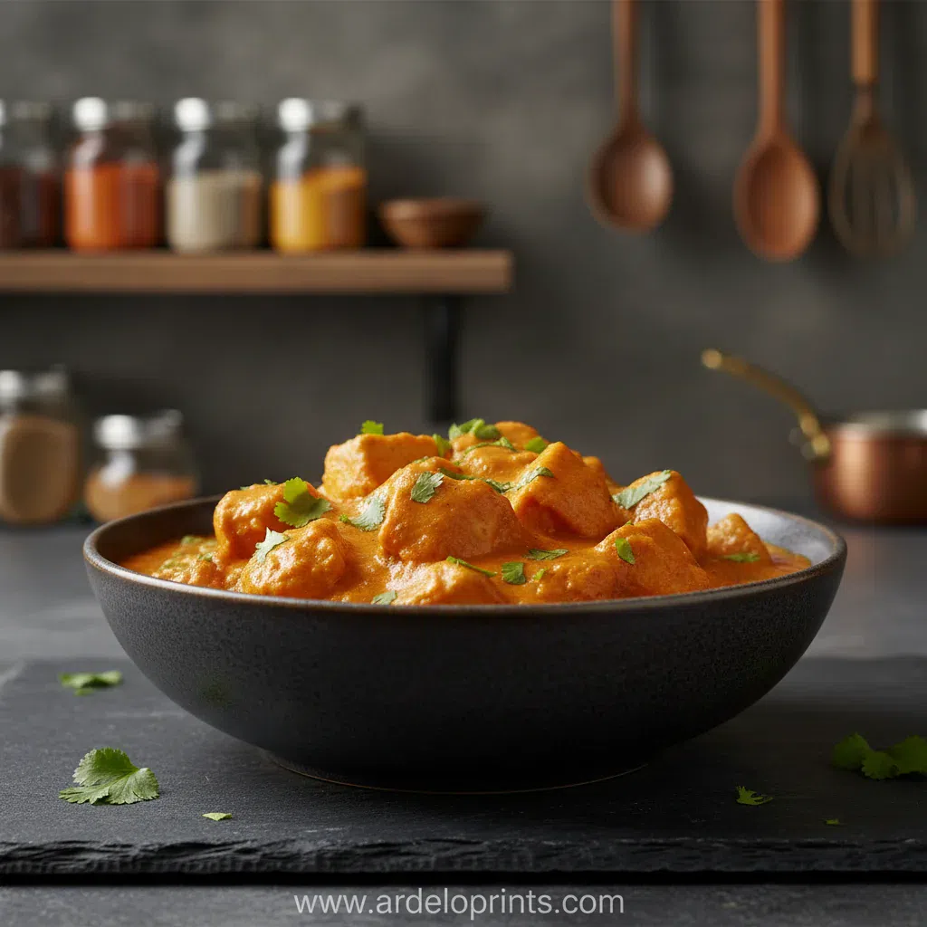 A bowl of creamy slow cooker butter chicken with rice and cilantro.