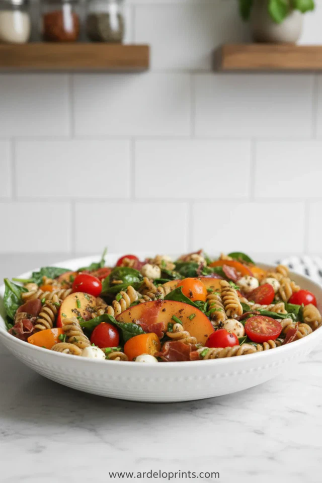 Summer Pasta Salad with Peaches, Spinach and Tomatoes