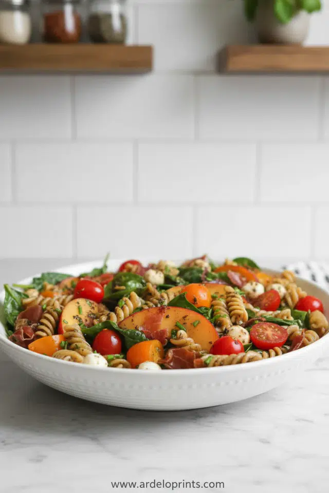 Summer Pasta Salad with Peaches, Spinach and Tomatoes
