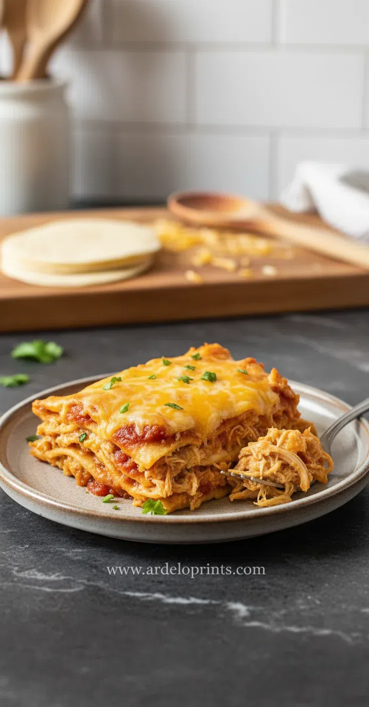 A close-up view of crockpot chicken enchilada casserole in a white bowl, topped with cilantro.