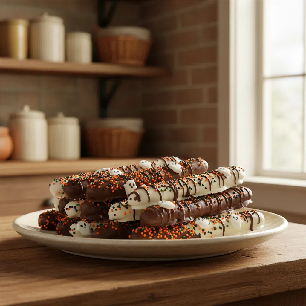 Spooky Halloween Chocolate Covered Pretzels with colorful sprinkles