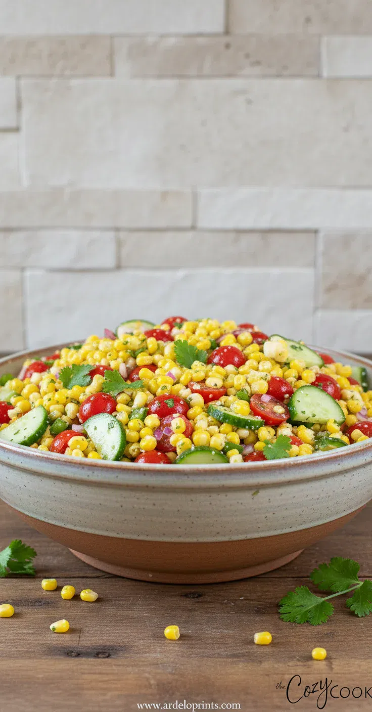 Easy and Delicious Corn Salad in a white bowl with a spoon.
